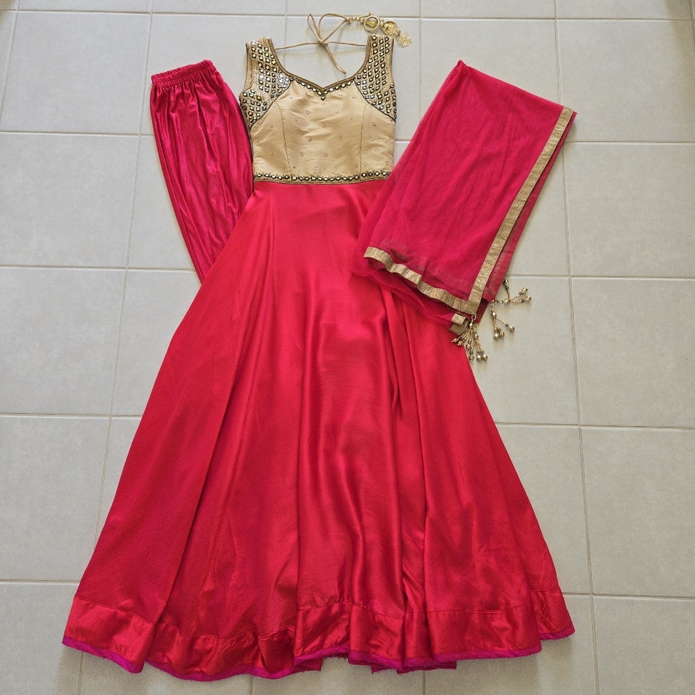 3 piece ruby red gold beige satin anarkali champagne mirror work size S small